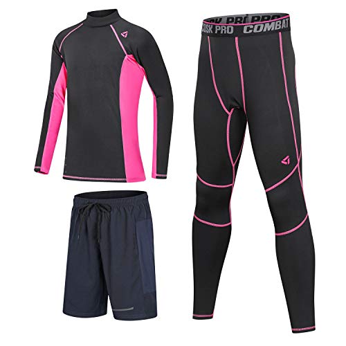 Echinodon Kinder Thermo Sportunterwäsche mit Fleecefutter 3tlg Set Mädchen Jungen Kompressionsunterwäsche für Fitness Fußball Training Radsport Running Rosa von Echinodon