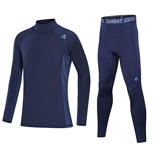 Echinodon Kinder Thermo Sportunterwäsche mit Fleecefutter Mädchen Jungen Kompressionsunterwäsche Set für Fitness Fußball Training Radsport Running Blau von Echinodon