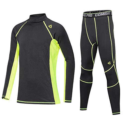 Echinodon Kinder Thermo Sportunterwäsche mit Fleecefutter Mädchen Jungen Kompressionsunterwäsche Set für Fitness Fußball Training Radsport Running Grün von Echinodon