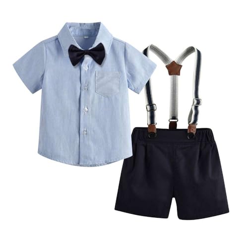 Echinodon Kleinkind Junge Anzug Set Sommer Baby Gentleman Kurzarmhemd mit Fliege + Shorts mit Hosenträger Festanzug Hochzeitsanzug Navyblau 130 von Echinodon