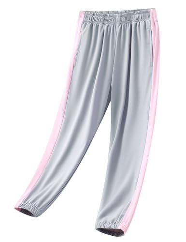 Echinodon Leichte Sommerhose Kinder Stretchhose Schnelltrocknend Jogginghose Jungen Mädchen Sporthose Freizeithose Grau/Rosa 130 von Echinodon