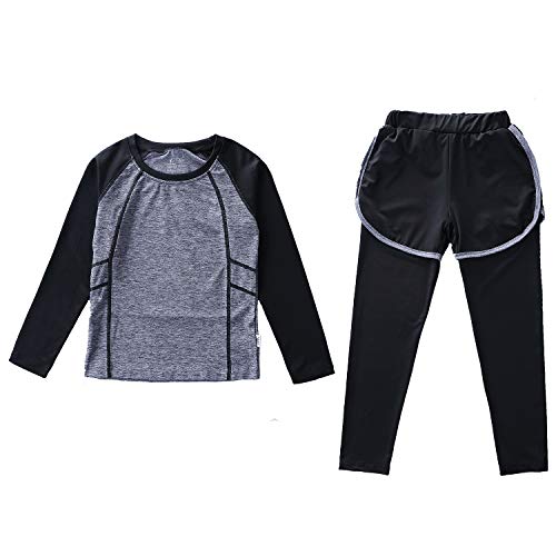 Echinodon Mädchen 2tlg Sport Set Schnelltrockend Langarmshirt + Hose mit Shorts Anzug für Yoga Jogging Training Grau 140 von Echinodon