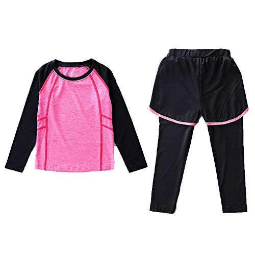 Echinodon Mädchen 2tlg Sport Set Schnelltrockend Langarmshirt + Hose mit Shorts Anzug für Yoga Jogging Training Rosa 150 von Echinodon