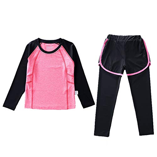 Echinodon Mädchen 2tlg Sport Set Schnelltrockend Langarmshirt + Hose mit Shorts Anzug für Yoga Jogging Training Rot 130 von Echinodon
