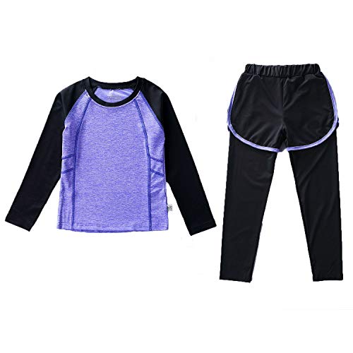 Echinodon Mädchen 2tlg Sport Set Schnelltrockend Langarmshirt + Hose mit Shorts Anzug für Yoga Jogging Training Violett 130 von Echinodon
