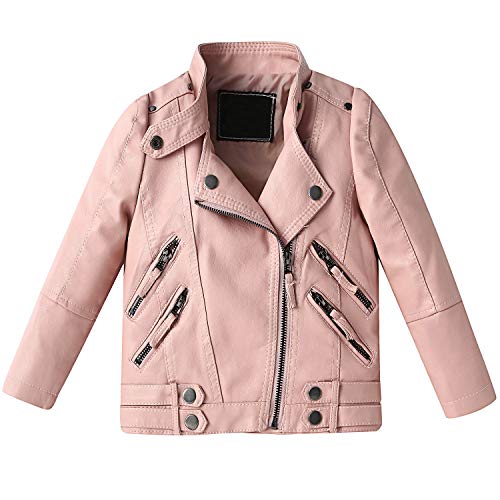 Echinodon Mädchen Bikerjacke Gefüttert Lederjacke mit Samtfutter Herbst Winter Kinder Jacke aus Kunstleder Motorradjacke Pink 120 von Echinodon