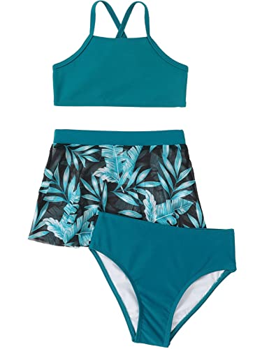 Echinodon Mädchen Bikini Set 3tlg Bademode mit Rock Kinder Baby Hawaiian Badeanzug Strand Schwimmanzug Blau 140 von Echinodon