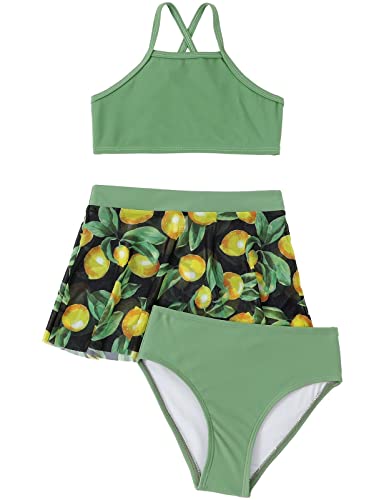 Echinodon Mädchen Bikini Set 3tlg Bademode mit Rock Kinder Baby Hawaiian Badeanzug Strand Schwimmanzug Grün 152 von Echinodon