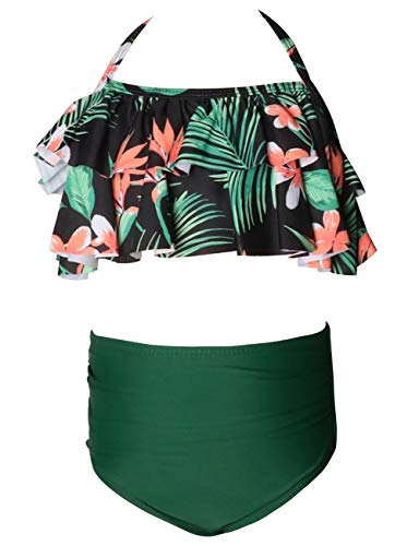 Echinodon Mädchen Bikini Set Neckholder Badeanzug mit Rüschen Blumen Kinder Zweiteiler Bademode Schwimmanzug Blumen 164 von Echinodon