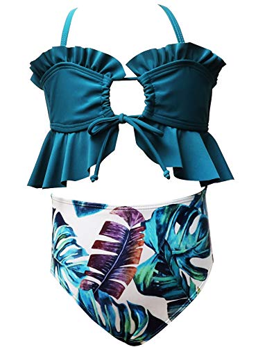 Echinodon Mädchen Bikini Set Zweiteiler Badeanzug mit Rüschen Kinder Bademode mit Blumenmuster Schwimmanzug Grün 164 von Echinodon