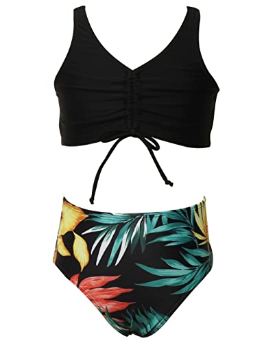Echinodon Mädchen Bikini Set Zweiteiler Bademode mit Blumenmuster Kinder Badeset Schwimmanzug B-Schwarz 164 von Echinodon
