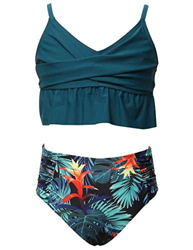 Echinodon Mädchen Bikini Set Zweiteiler Bademode mit Rüschen Kinder Badeset Schwimmanzug A-Grün 164 von Echinodon