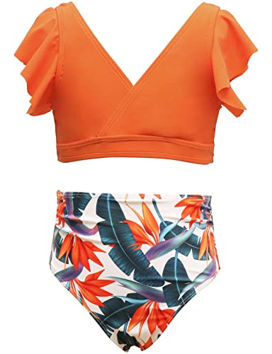 Echinodon Mädchen Bikini Set Zweiteiler Bademode mit Rüschen Kinder Badeset Schwimmanzug C-Orange 152 von Echinodon