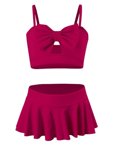 Echinodon Mädchen Bikini Set mit Rüschen Schleife Zweiteiler Bademode Kinder Badeset Schwimmanzug C-Weinrot 152 von Echinodon