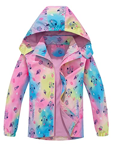 Echinodon Mädchen Gefütterte Jacke Kinder Winddicht Übergangsjacke mit abtrennbare Kapuze Regenjacke Wanderjacke Bunt Eule 130 von Echinodon