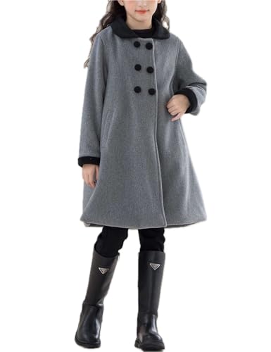 Echinodon Mädchen Gefütterte Wollmantel Zweireihiger Mantel mit Fleecefutter Herbst Winter Jacke Grau 120 von Echinodon
