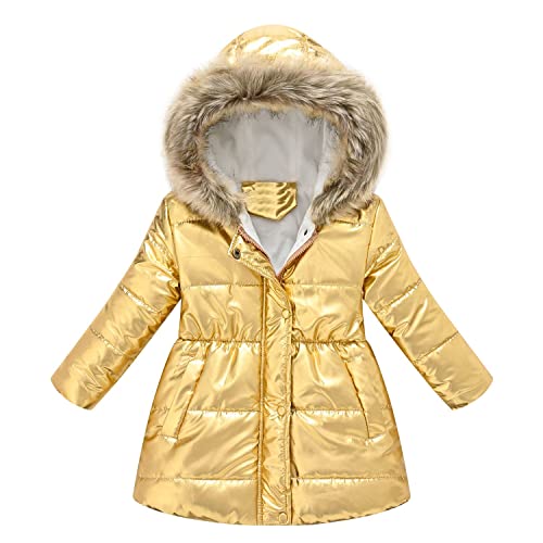 Echinodon Mädchen Mantel mit Fellkapuze Kinder Baby Parka Tailliert Winter Lang Jacke Winterjacke Gelb 130 von Echinodon