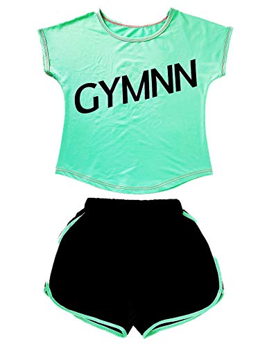 Echinodon Mädchen Sport-Set 2tlg Atmungsaktiv T-Shirt + Shorts Trainingsanzug für Jogging Yoga Sommer (160, Grün) von Echinodon