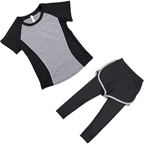 Echinodon Mädchen Sport Set 2tlg Schnelltrockend Kurzarmshirt + Hose mit Shorts Trainingsanzug Jogginganzug Freizeit Yoga Typ2-Grau 128 von Echinodon