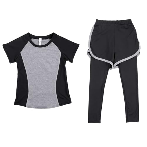 Echinodon Mädchen Sport Set 2tlg Schnelltrocknend Kurzarmshirt + Hose mit Shorts Trainingsanzug Sportanzug Jogginganzug Freizeit Yoga Typ2-Grau 152 von Echinodon