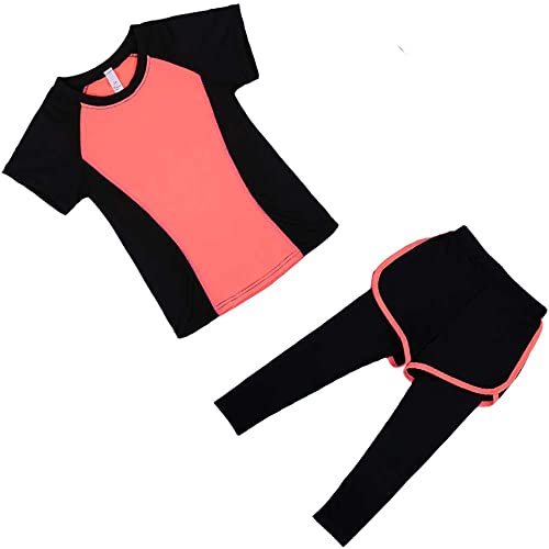 Echinodon Mädchen Sport Set 2tlg Schnelltrockend Kurzarmshirt + Hose mit Shorts Trainingsanzug Jogginganzug Freizeit Yoga Typ2-Orange 128 von Echinodon