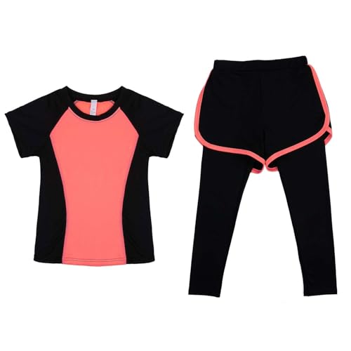 Echinodon Mädchen Sport Set 2tlg Schnelltrocknend Kurzarmshirt + Hose mit Shorts Trainingsanzug Sportanzug Jogginganzug Freizeit Yoga Typ2-Orange 158 von Echinodon