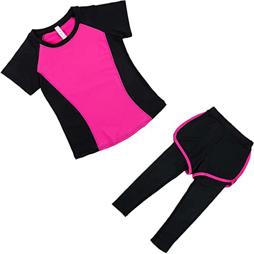 Echinodon Mädchen Sport Set 2tlg Schnelltrockend Kurzarmshirt + Hose mit Shorts Trainingsanzug Jogginganzug Freizeit Yoga Typ2-Rosa 140 von Echinodon