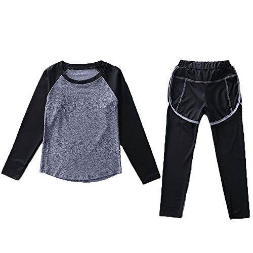 Echinodon Mädchen Sport-Set 2tlg Schnelltrockend Langarmhirt + Hose mit Shorts Anzug für Jogging Training Yoga Grau 150 von Echinodon