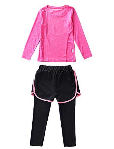 Echinodon Mädchen Sport-Set 2tlg Schnelltrockend Langarmhirt + Hose mit Shorts Trainingsanzug für Jogging Training Yoga Rosa 130 von Echinodon