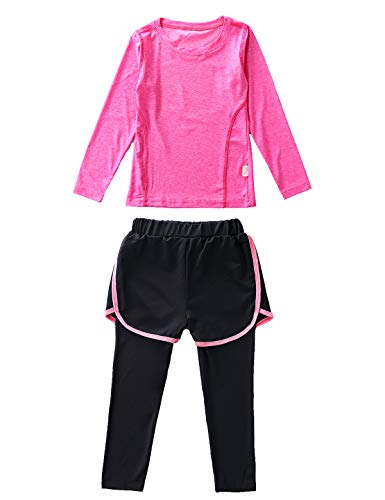Echinodon Mädchen Sport-Set 2tlg Schnelltrockend Langarmhirt + Hose mit Shorts Trainingsanzug für Jogging Training Yoga Rosa 140 von Echinodon