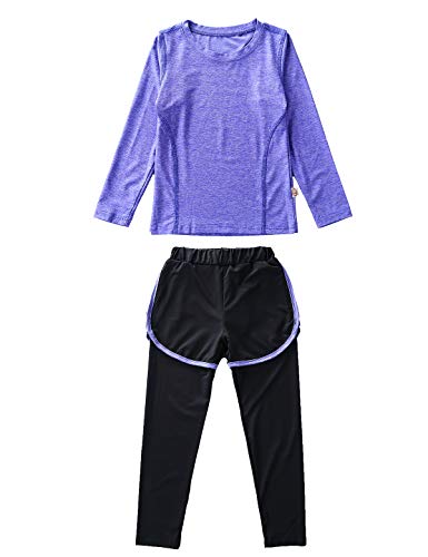 Echinodon Mädchen Sport-Set 2tlg Schnelltrockend Langarmhirt + Hose mit Shorts Trainingsanzug für Jogging Training Yoga Violett 130 von Echinodon