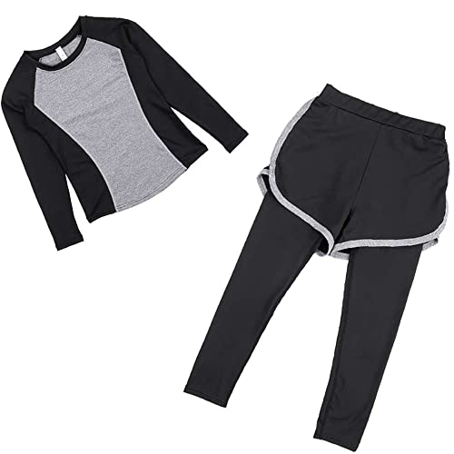 Echinodon Mädchen Sport Set 2tlg Schnelltrockend Langarmshirt + Hose mit Shorts Trainingsanzug Jogginganzug Freizeit Yoga Grau 140 von Echinodon