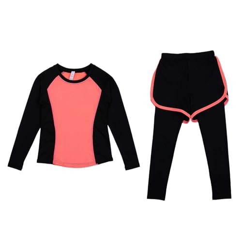 Echinodon Mädchen Sport Set 2tlg Schnelltrocknend Langarmshirt + Hose mit Shorts Trainingsanzug Sportanzug Jogginganzug Freizeit Yoga Orange 140 von Echinodon