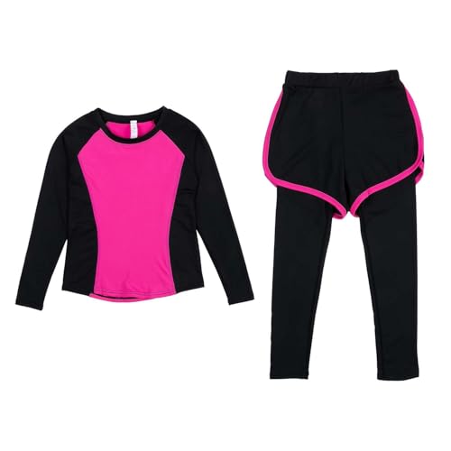 Echinodon Mädchen Sport Set 2tlg Schnelltrocknend Langarmshirt + Hose mit Shorts Trainingsanzug Sportanzug Jogginganzug Freizeit Yoga Rosa 128 von Echinodon