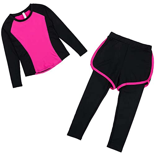 Echinodon Mädchen Sport Set 2tlg Schnelltrockend Langarmshirt + Hose mit Shorts Trainingsanzug Jogginganzug Freizeit Yoga Rosa 140 von Echinodon