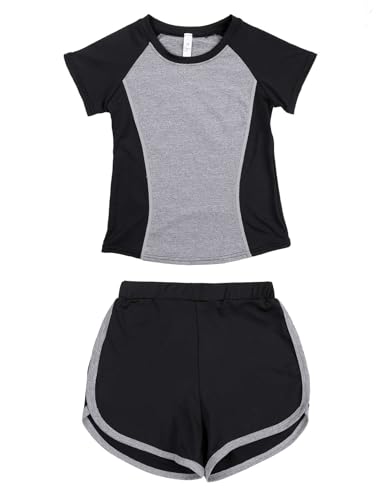 Echinodon Mädchen Sport Set 2tlg Schnelltrocknend Langarmshirt + Hose mit Shorts Trainingsanzug Sportanzug Jogginganzug Freizeit Yoga Typ3-Grau 152 von Echinodon