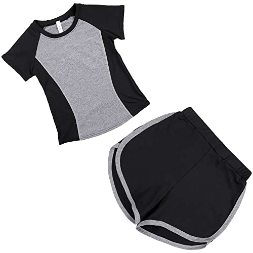 Echinodon Mädchen Sport Set 2tlg Schnelltrockend Langarmshirt + Hose mit Shorts Trainingsanzug Jogginganzug Freizeit Yoga Typ3-Grau 158 von Echinodon