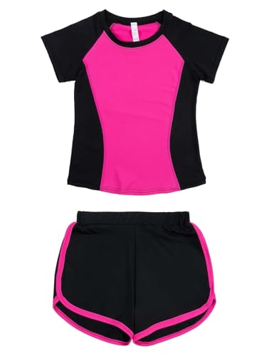Echinodon Mädchen Sport Set 2tlg Schnelltrocknend Langarmshirt + Hose mit Shorts Trainingsanzug Sportanzug Jogginganzug Freizeit Yoga Typ3-Rosa 128 von Echinodon