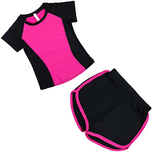 Echinodon Mädchen Sport Set 2tlg Schnelltrockend Langarmshirt + Hose mit Shorts Trainingsanzug Jogginganzug Freizeit Yoga Typ3-Rosa 152 von Echinodon