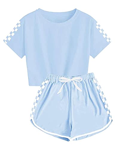 Echinodon Mädchen Sport Set 2tlg Schnelltrockend T-Shirt + Shorts Freizeitanzug Trainingsanzug für Jogging Yoga Sommer Blau 120 von Echinodon