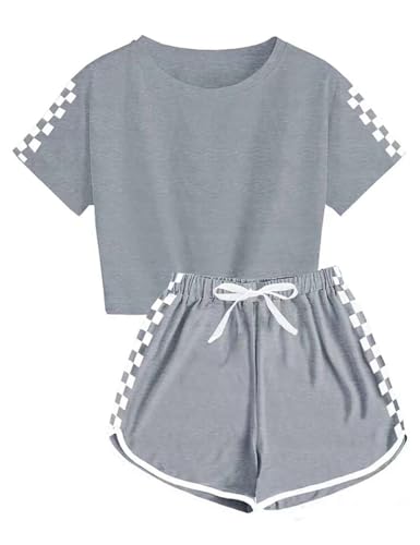 Echinodon Mädchen Sport Set 2tlg Schnelltrockend T-Shirt + Shorts Freizeitanzug Trainingsanzug für Jogging Yoga Sommer Grau 160 von Echinodon