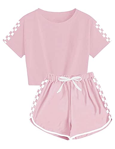 Echinodon Mädchen Sport Set 2tlg Schnelltrockend T-Shirt + Shorts Freizeitanzug Trainingsanzug für Jogging Yoga Sommer Rosa 150 von Echinodon