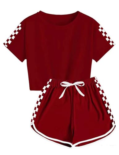 Echinodon Mädchen Sport Set 2tlg Schnelltrockend T-Shirt + Shorts Freizeitanzug Trainingsanzug für Jogging Yoga Sommer Rot 150 von Echinodon