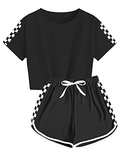 Echinodon Mädchen Sport Set 2tlg Schnelltrockend T-Shirt + Shorts Freizeitanzug Trainingsanzug für Jogging Yoga Sommer Schwarz 140 von Echinodon