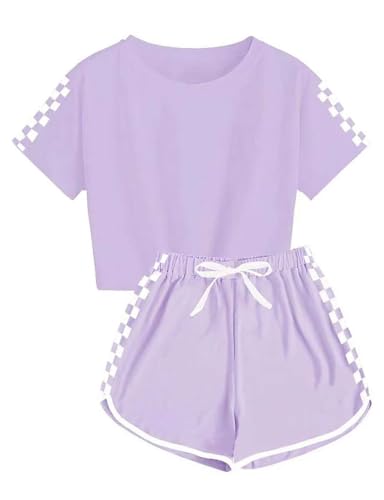 Echinodon Mädchen Sport Set 2tlg Schnelltrockend T-Shirt + Shorts Freizeitanzug Trainingsanzug für Jogging Yoga Sommer Violett 130 von Echinodon