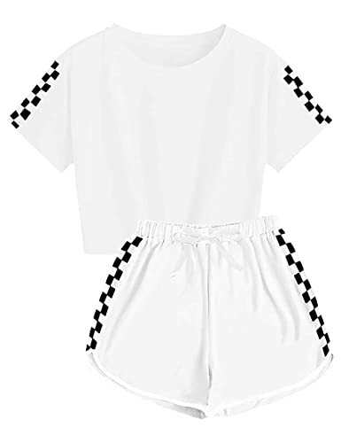Echinodon Mädchen Sport Set 2tlg Schnelltrockend T-Shirt + Shorts Freizeitanzug Trainingsanzug für Jogging Yoga Sommer Weiß 160 von Echinodon