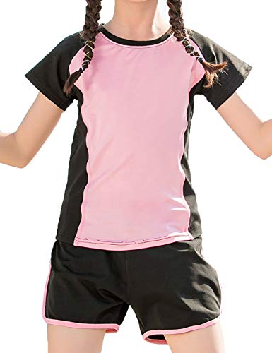 Echinodon Mädchen Sport-Set 2tlg Schnelltrockend T-Shirt + Shorts Trainingsanzug für Jogging Yoga Sommer Sportanzug (110, Pink) von Echinodon
