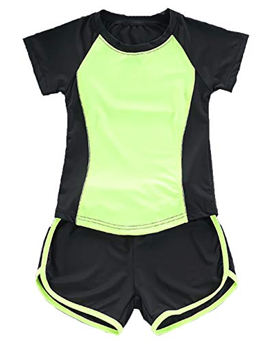Echinodon Mädchen Sport-Set 2tlg Schnelltrockend T-Shirt + Shorts Trainingsanzug für Jogging Yoga Sommer Grün 110 von Echinodon