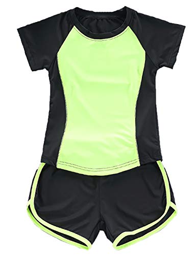 Echinodon Mädchen Sport-Set 2tlg Schnelltrockend T-Shirt + Shorts Trainingsanzug für Jogging Yoga Sommer Grün 140 von Echinodon