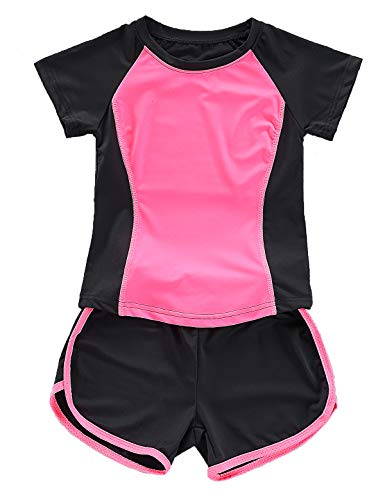 Echinodon Mädchen Sport-Set 2tlg Schnelltrockend T-Shirt + Shorts Trainingsanzug für Jogging Yoga Sommer Sportanzug Rot 140 von Echinodon